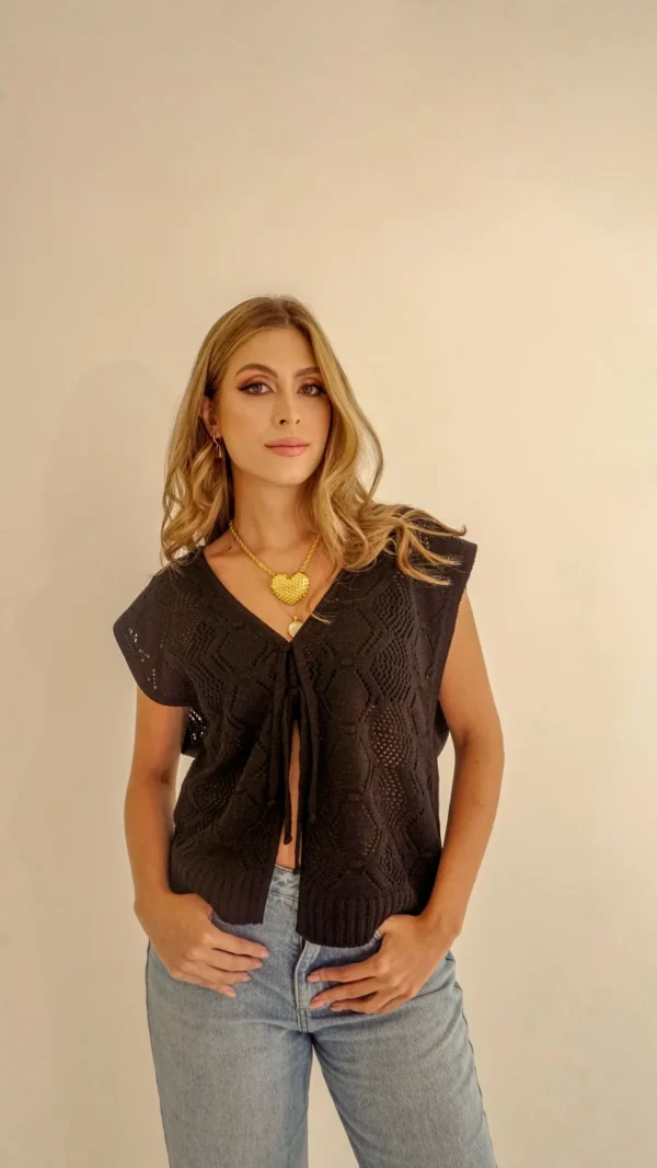 Chaleco abierto negro Chaleco tejido abierto para mujer