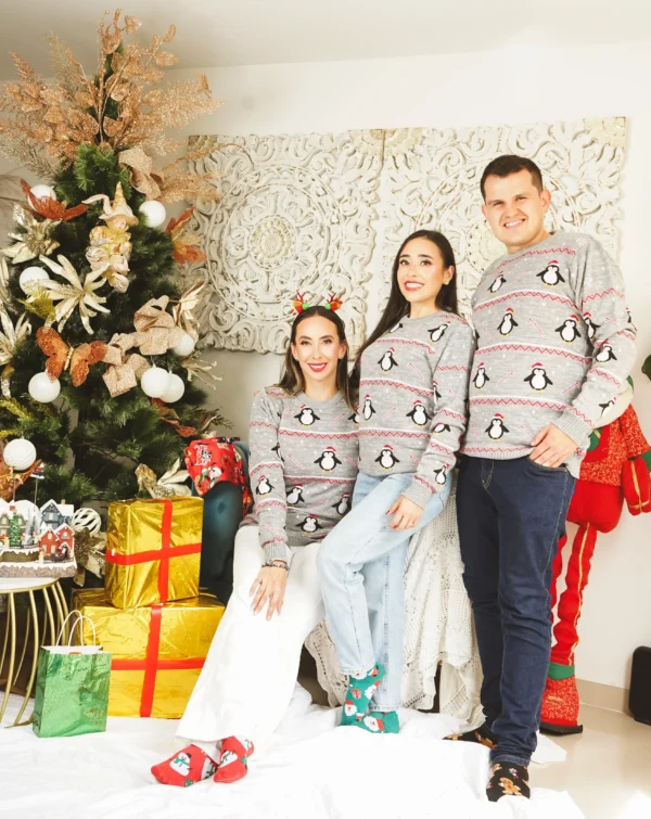 Saco-Gris-Pinguino-Familia Buzo Gris Pingüino navideño (Aguinaldo)