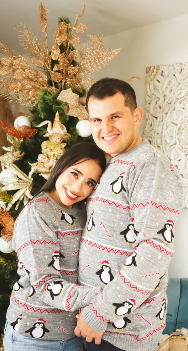 Saco-Gris-Pinguino-pareja Buzo Gris Pingüino navideño (Aguinaldo)