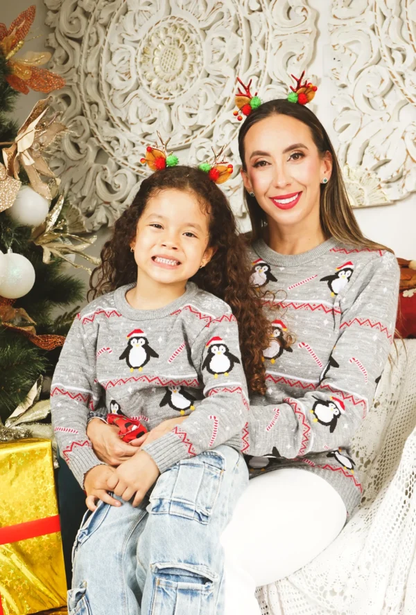Saco-gris-pinguino-mujer-niño Buzo Gris Pingüino navideño (Aguinaldo)